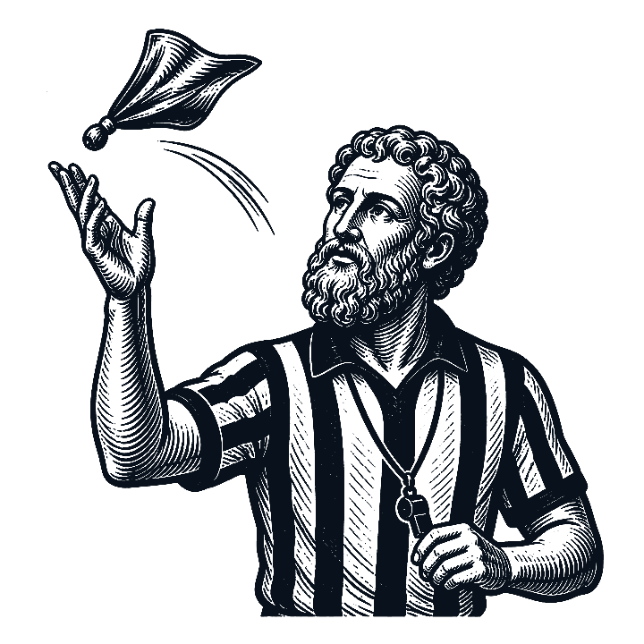 The Referee, an Aristotle-inspired philosopher in a striped referee shirt, throwing a penalty flag