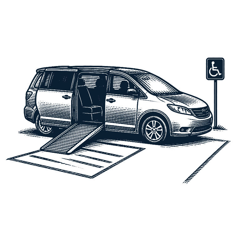 Woodcut illustration of an accessible minivan with an extended wheelchair ramp and striped access aisle
