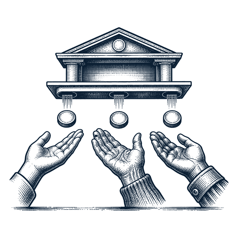 Woodcut illustration of three equal payment tokens descending from a civic building toward three different hands